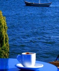 Greek coffee on a table backdropped because of the limitless blue water